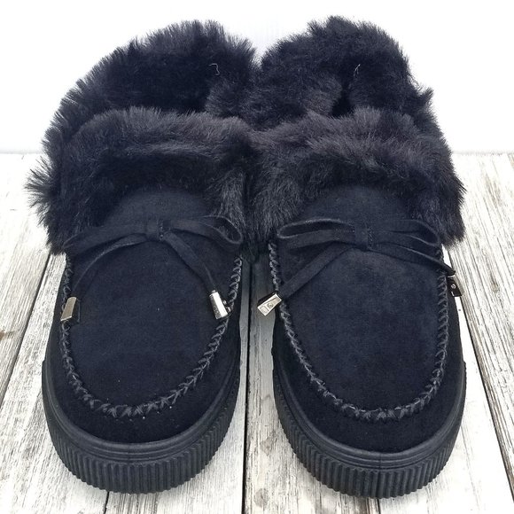 New Black Furry Moccasin Slip on Slipper Loafers - Picture 2 of 5